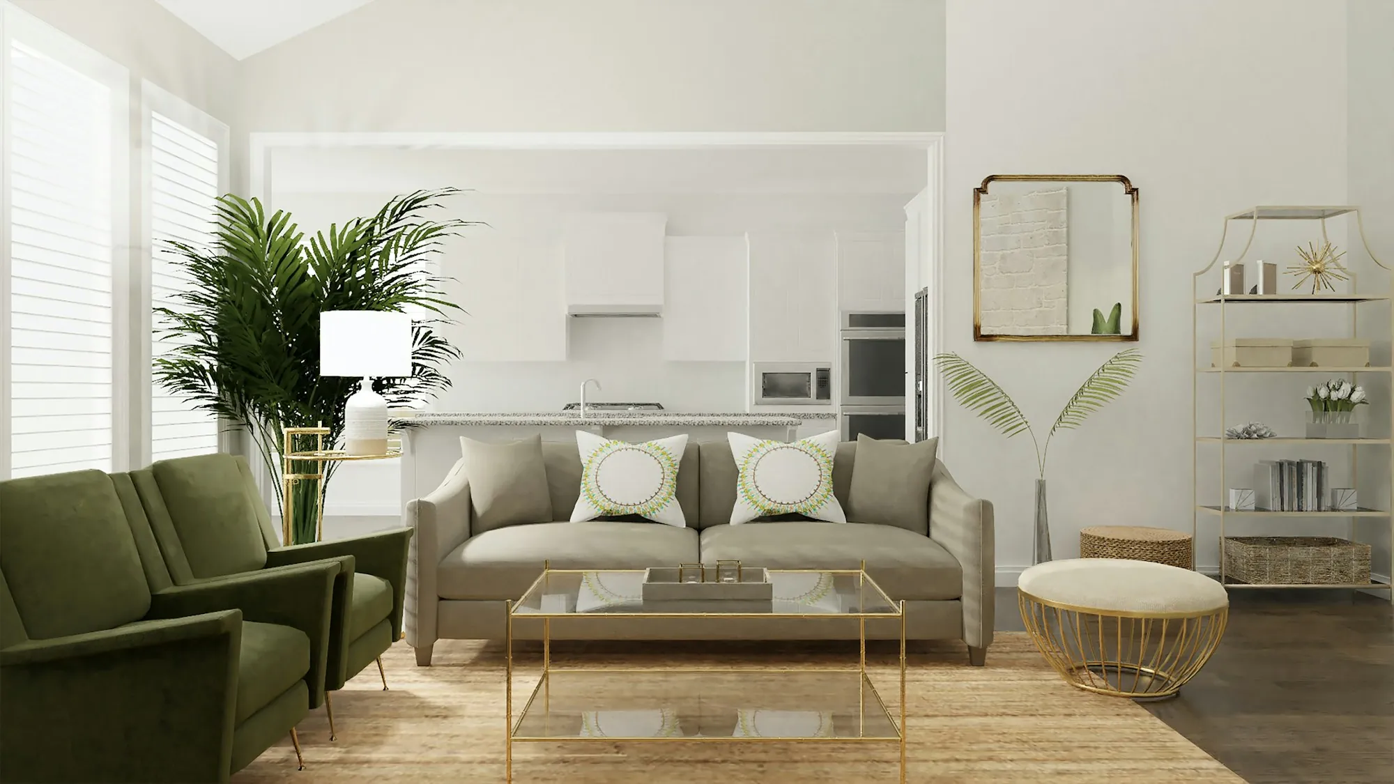 Living room with a green armchair and an open kitchen behind